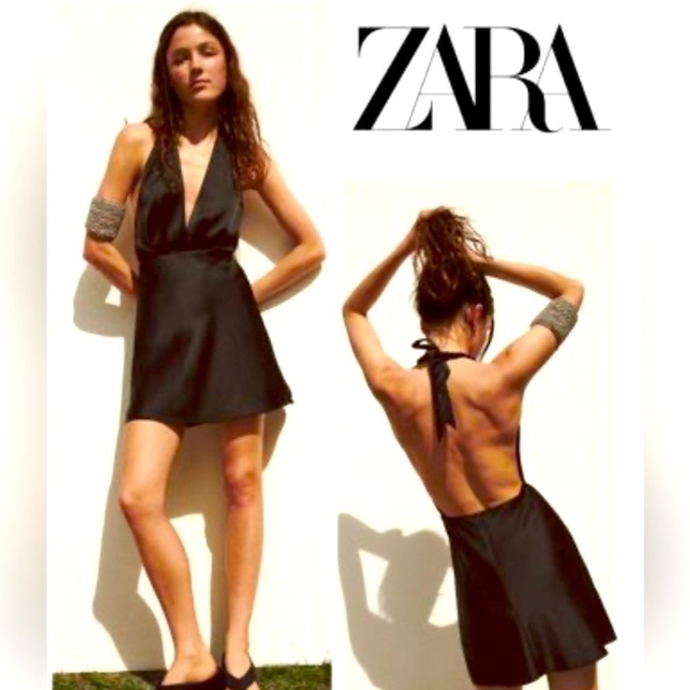 Zara - Plunging V Neck Halter - Black Satin Mini Dress